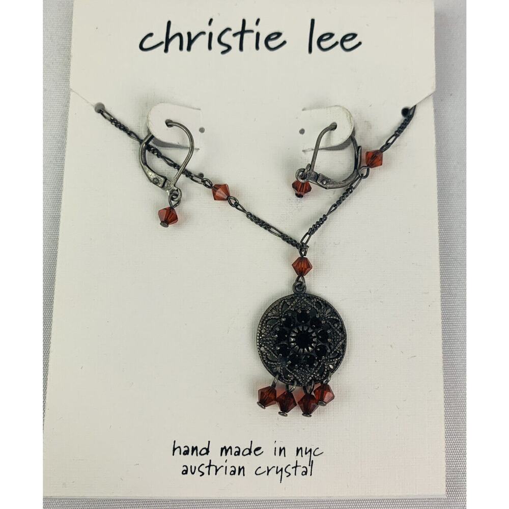 New Christie Lee Pewter Color Filigree Orange Austrian Crystal Necklace and Earr